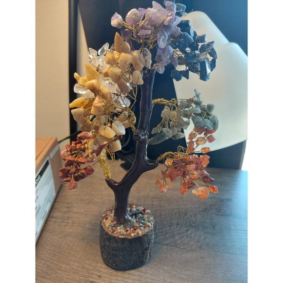 Other - Multicolor Gemstone Wire Tree Sculpture Wood Base Handmade Decorative Figurine